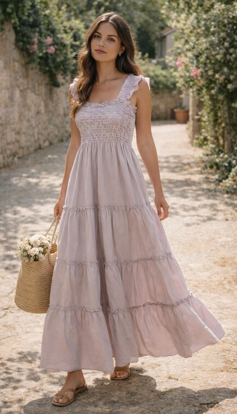 Kourt Lavender Smocked Tiered Maxi Dress Cottagecore Summer Sundress S
